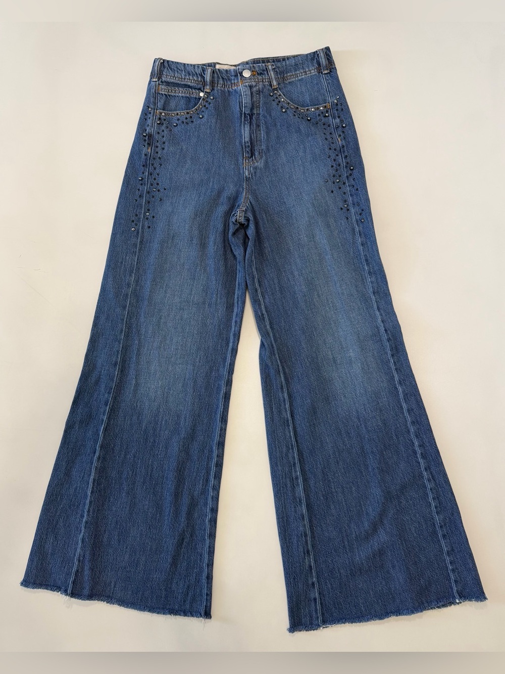 Anthropologie Pilcro Blue High-Rise Wide-Leg Pants Rhinestone Pocket Size 29